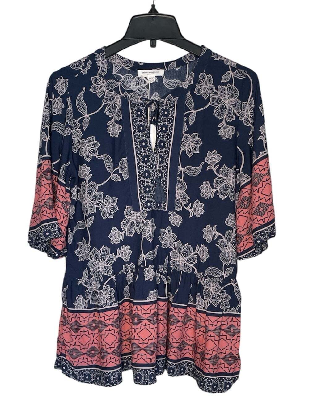 BeachLunchLounge navy floral with pink accent blouse sz XS